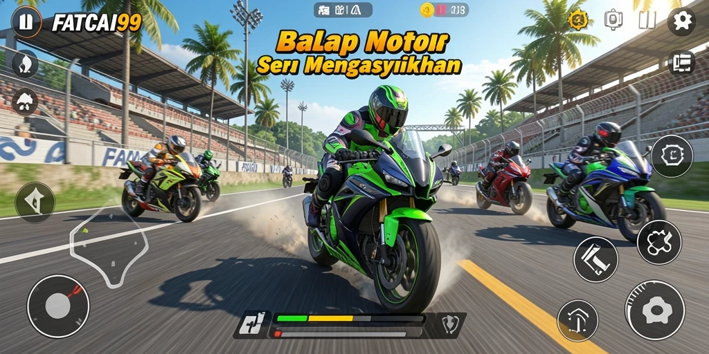 Screenshot gameplay FATCAI99 menampilkan aksi balap motor yang mendebarkan.