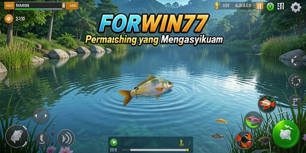 Tampilan gameplay FORWIN77 yang menonjolkan aksi memancing seru.