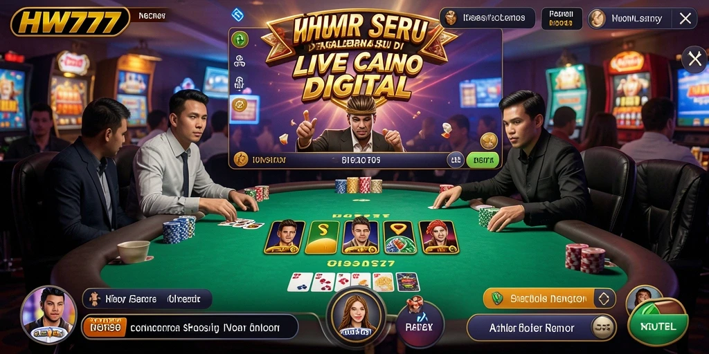 Screenshot gameplay HW777 yang menunjukkan dealer langsung dan permainan yang seru.