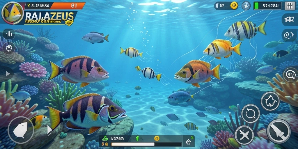 Screenshot gameplay <strong>RAJAZEUS</strong> menampilkan aksi seru menembak ikan.
